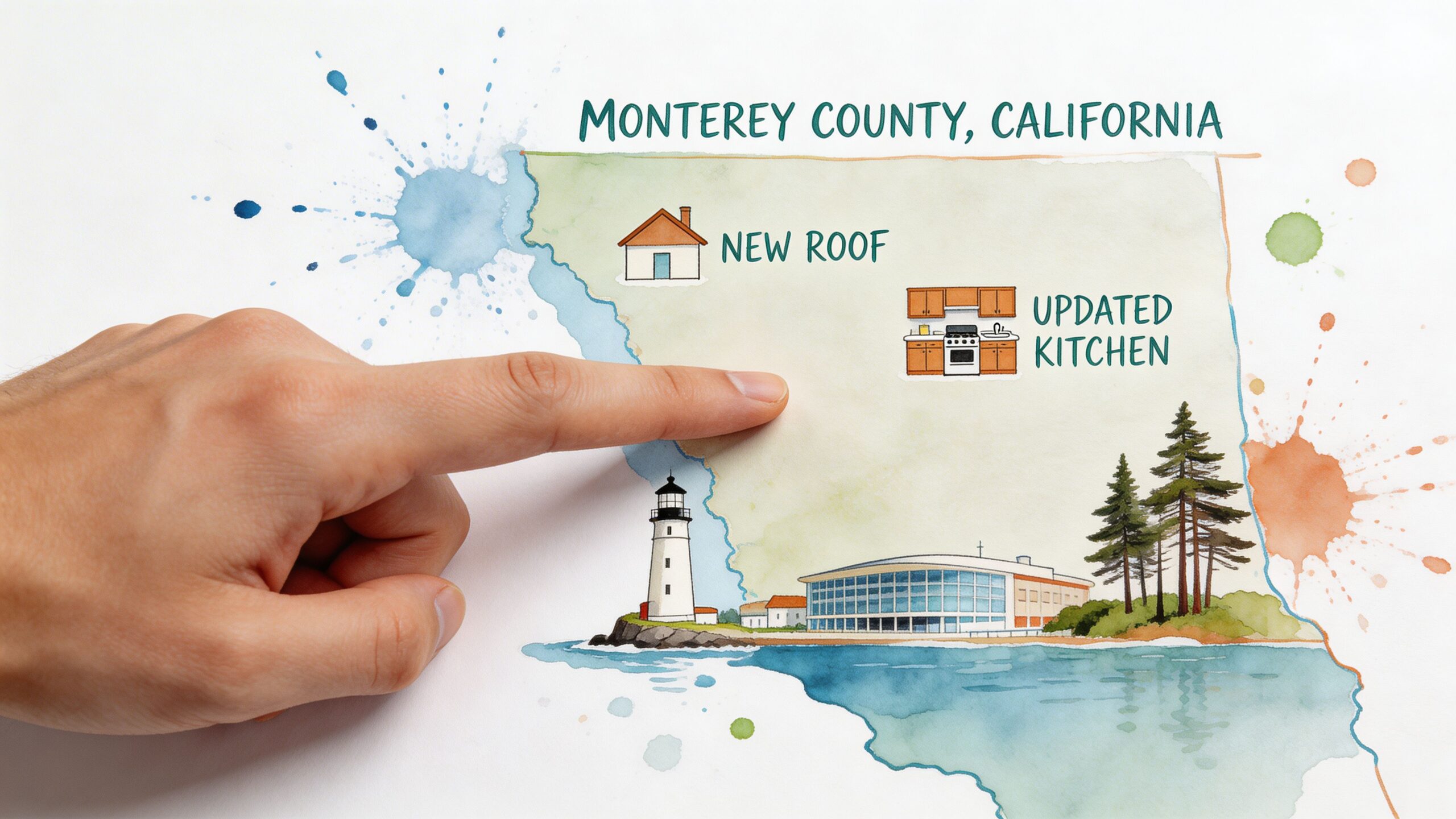 A hand points at a map of Monterey County, California, featuring renovation icons like roofs and kitchens.
