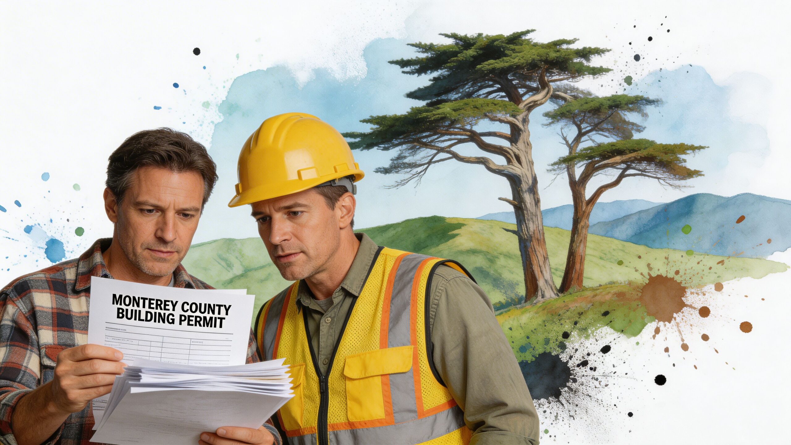 Two men reviewing Monterey County building permit documents with a scenic landscape illustration in the background.