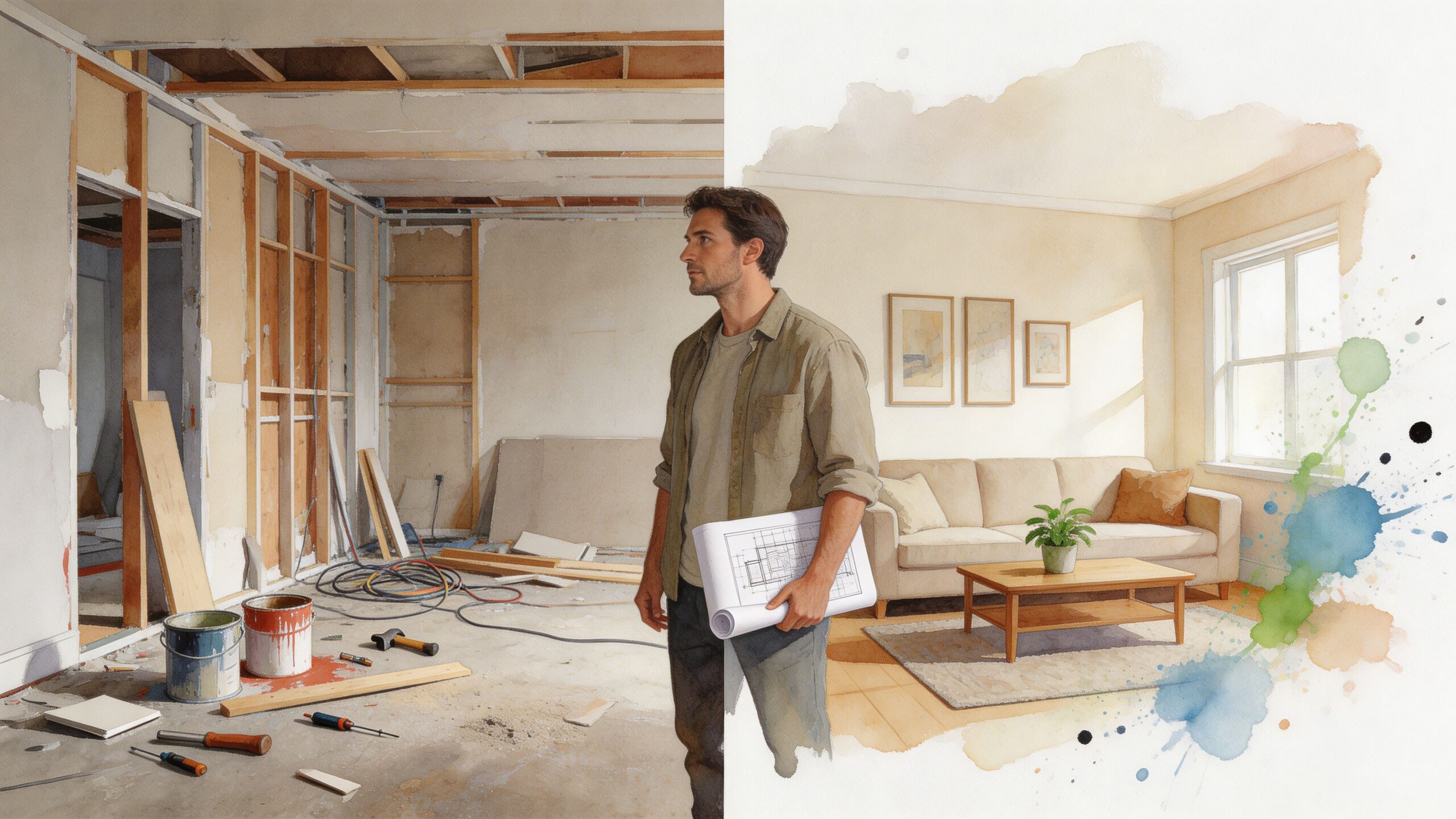 An architect holds blueprints while standing between a construction site and a finished, beautifully decorated living room.