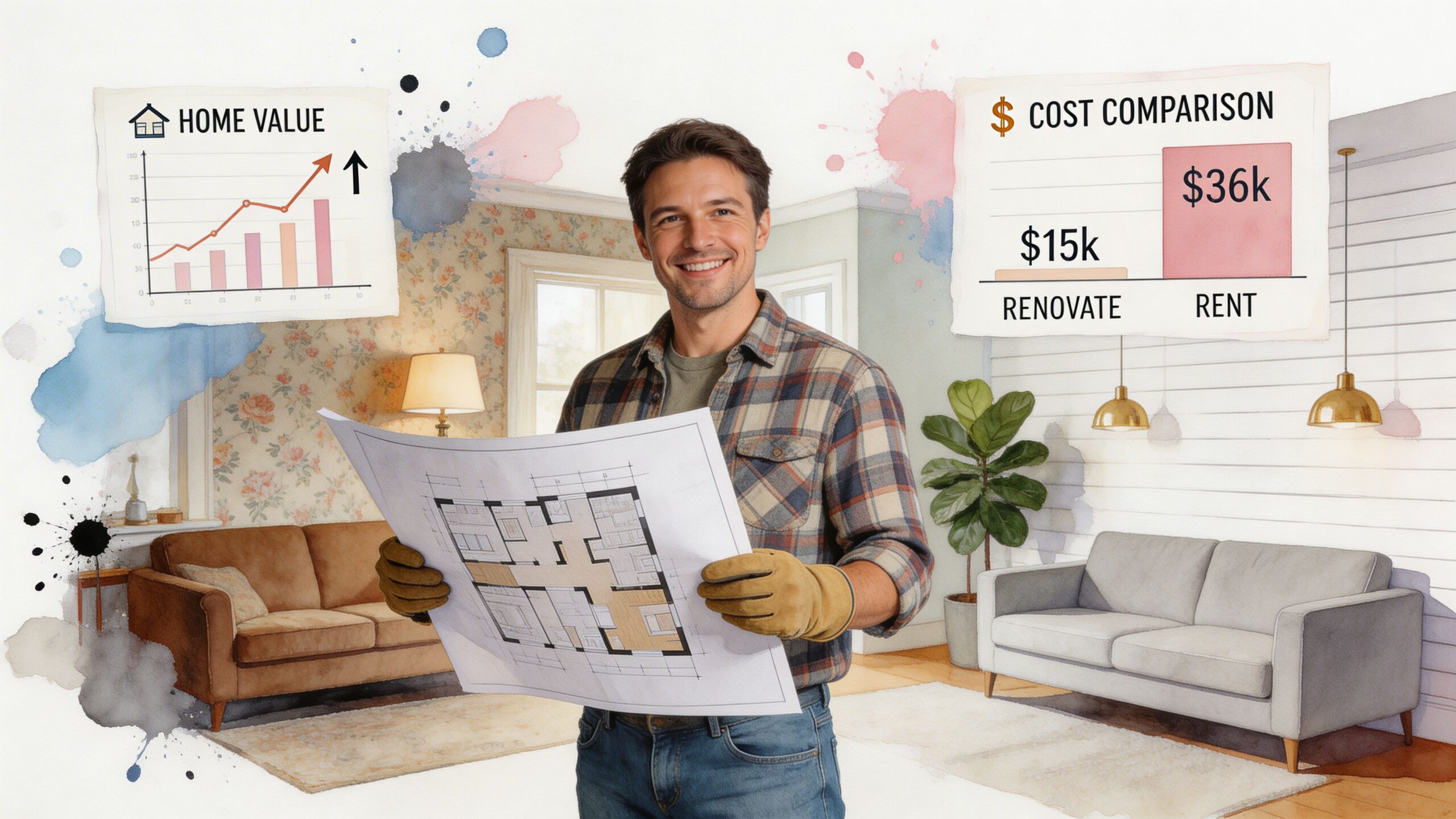 A smiling contractor holding floor plans in a living room, highlighting the cost benefits of renovating over renting.