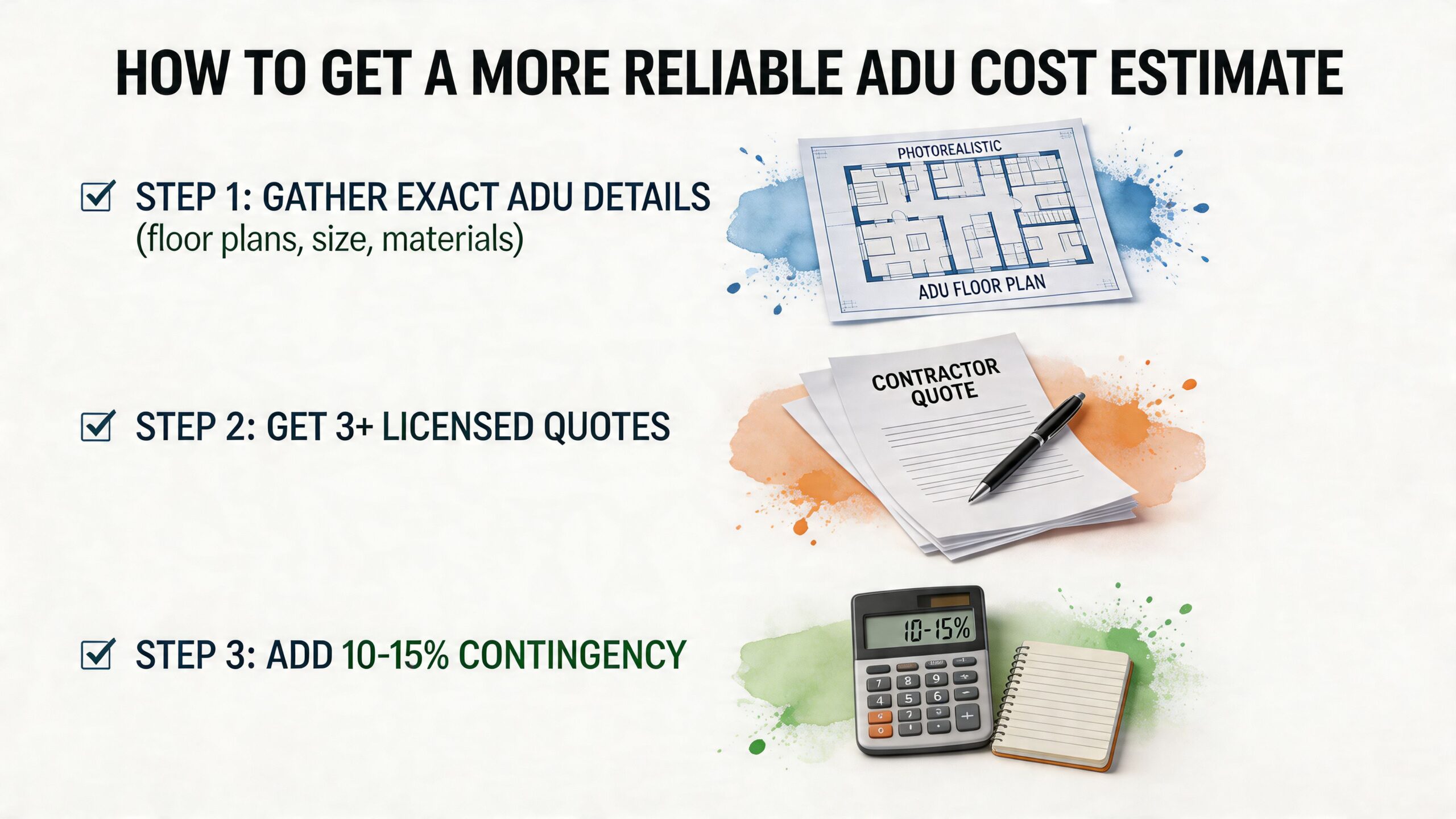 An infographic outlining three essential steps to obtain a reliable ADU construction cost estimate for homeowners.