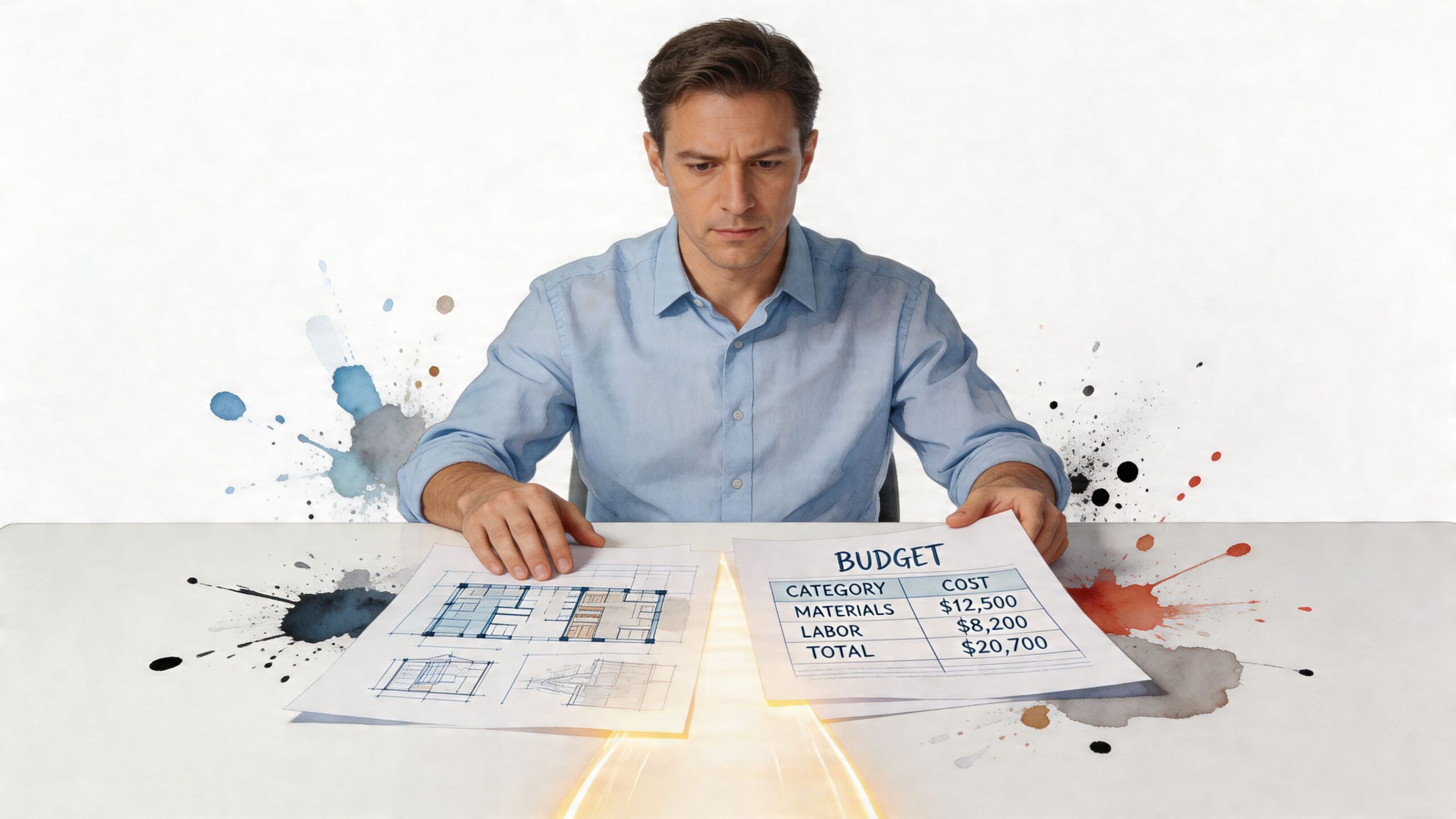 A professional man reviewing architectural house plans and a budget cost estimate on a desk.
