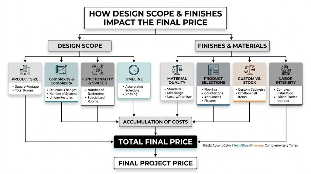 A flow chart illustrating how design scope and finish choices impact the total project cost of construction.