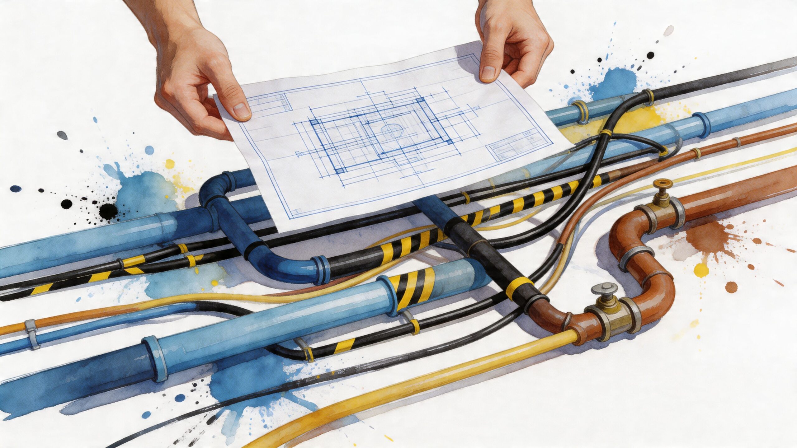 A person holding a blueprint over a complex network of industrial pipes, cables, and mechanical components.