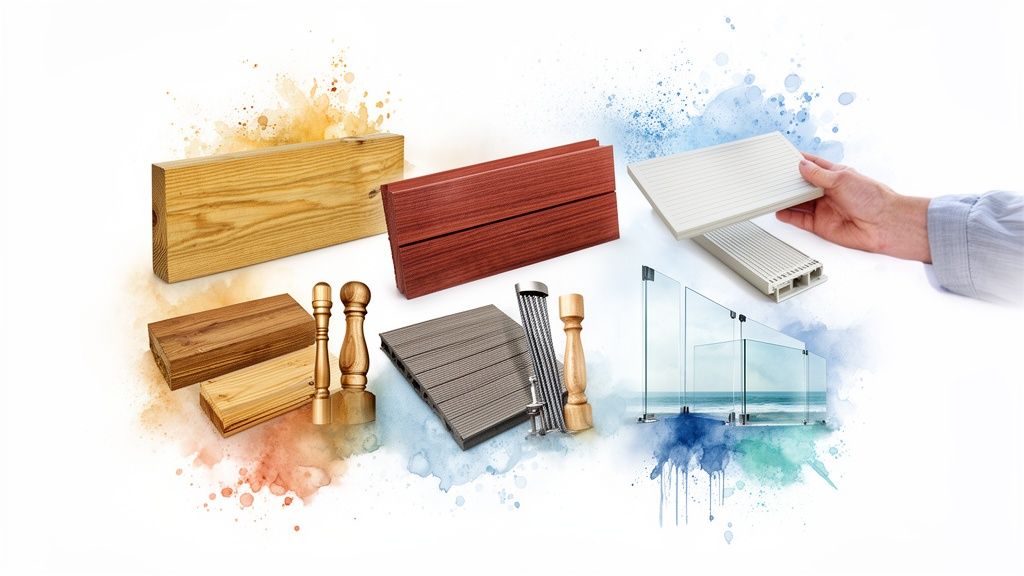 Various building materials including wood, composite decking, glass railings, and balusters with watercolor accents.