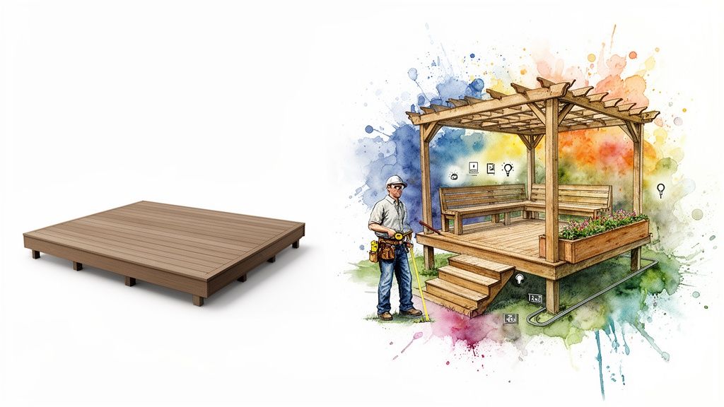 A simple wooden deck platform next to a watercolor illustration of a man building a wooden pergola.