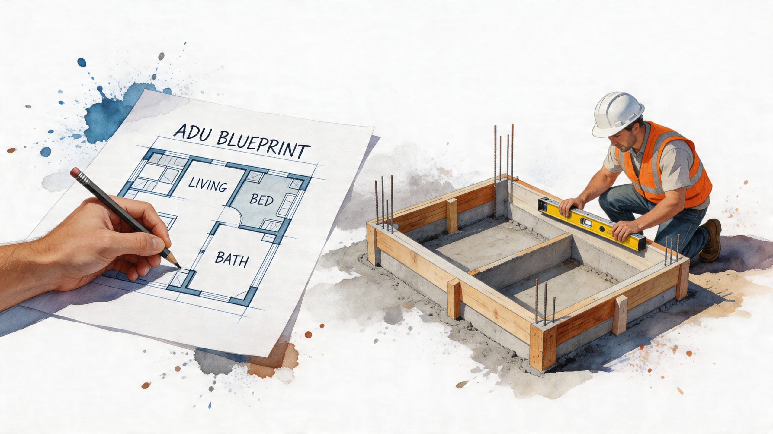 A construction worker uses a level on a foundation while a hand draws an ADU blueprint plan.