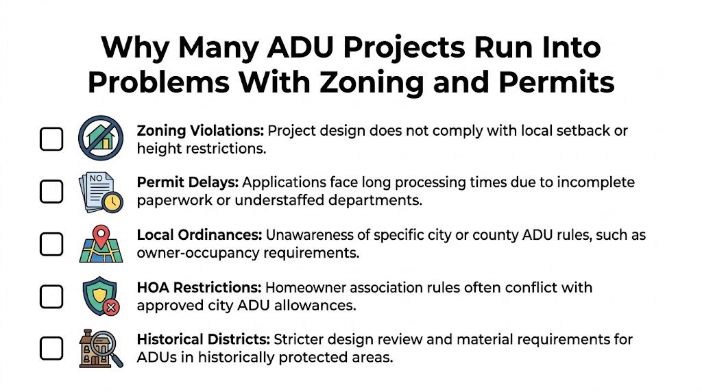 A checklist infographic explaining common zoning, permit, and regulatory challenges encountered during accessory dwelling unit construction projects.