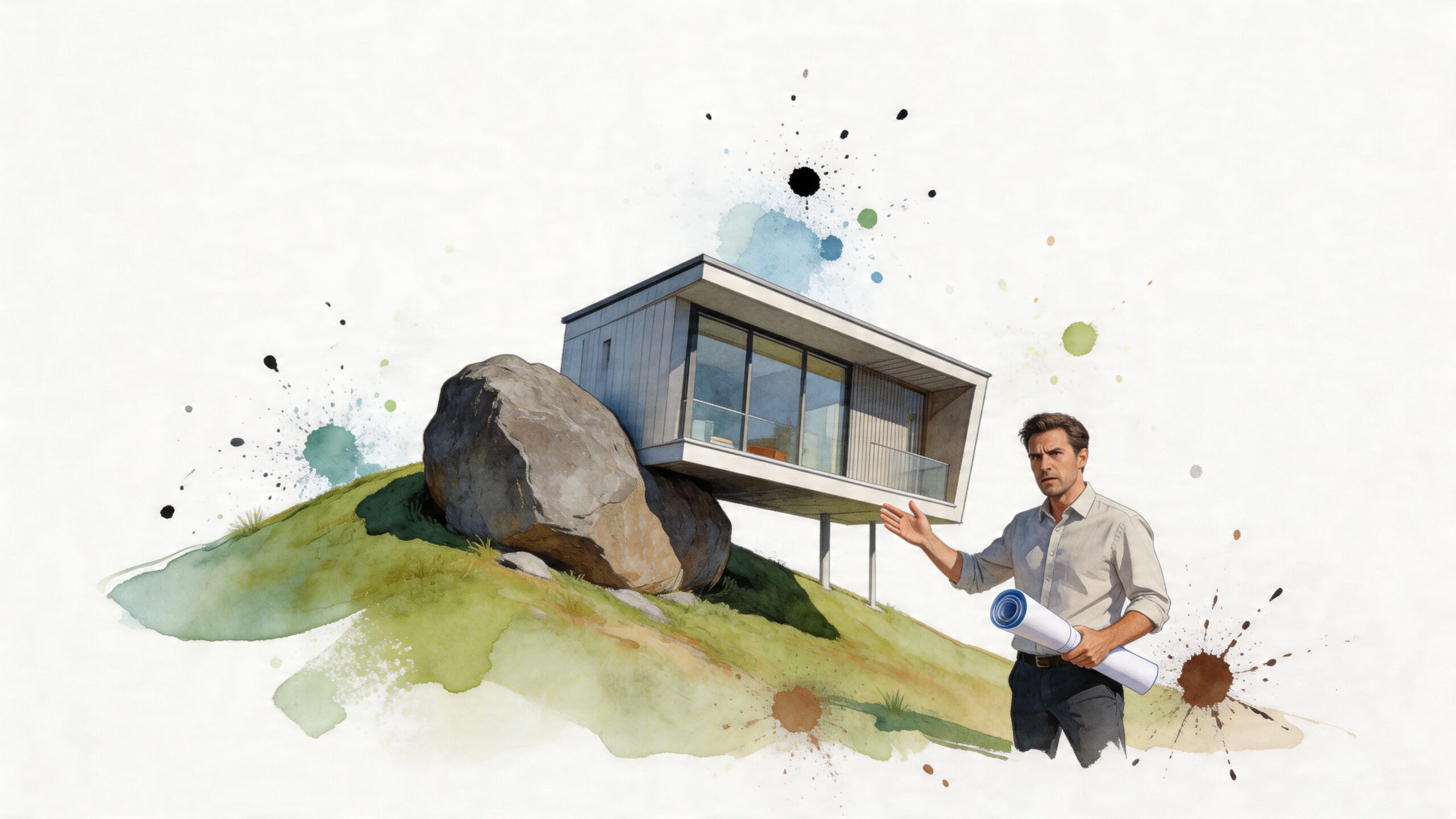 A professional architect presenting blueprints for a modern house built on a hillside near a large boulder.