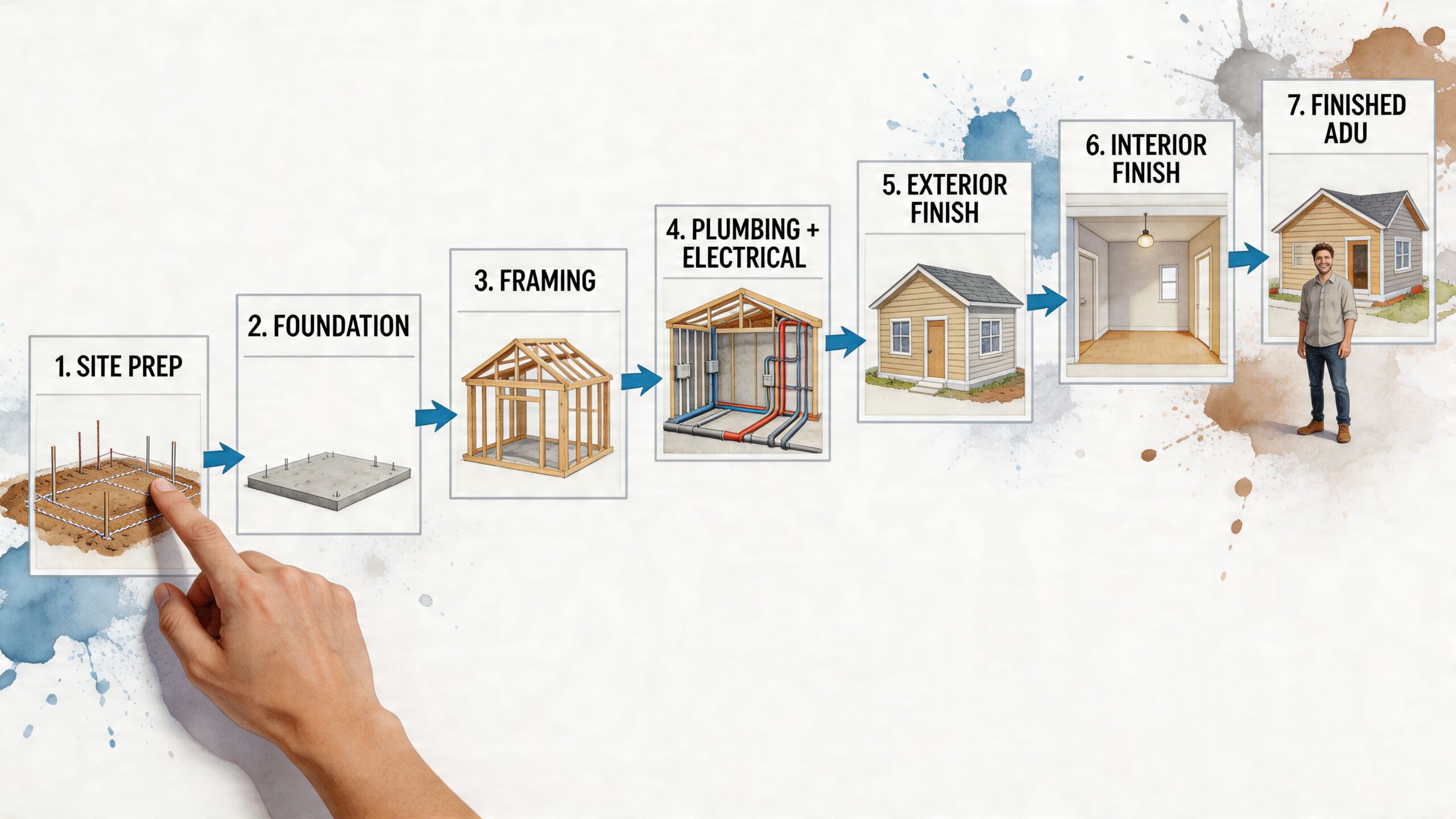 A hand pointing to a seven-step infographic showing the construction process of a small residential accessory dwelling unit.