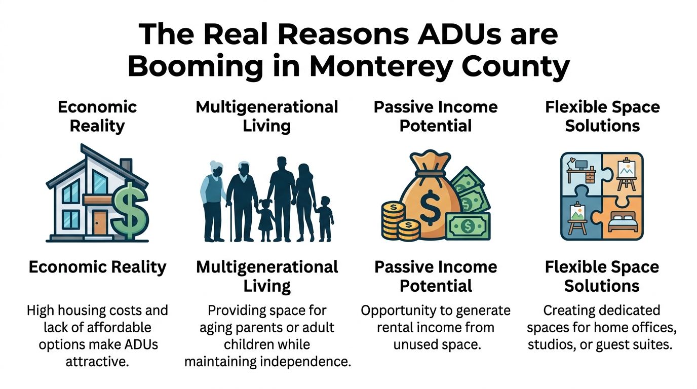 An infographic titled The Real Reasons ADUs are Booming in Monterey County outlining four main advantages.