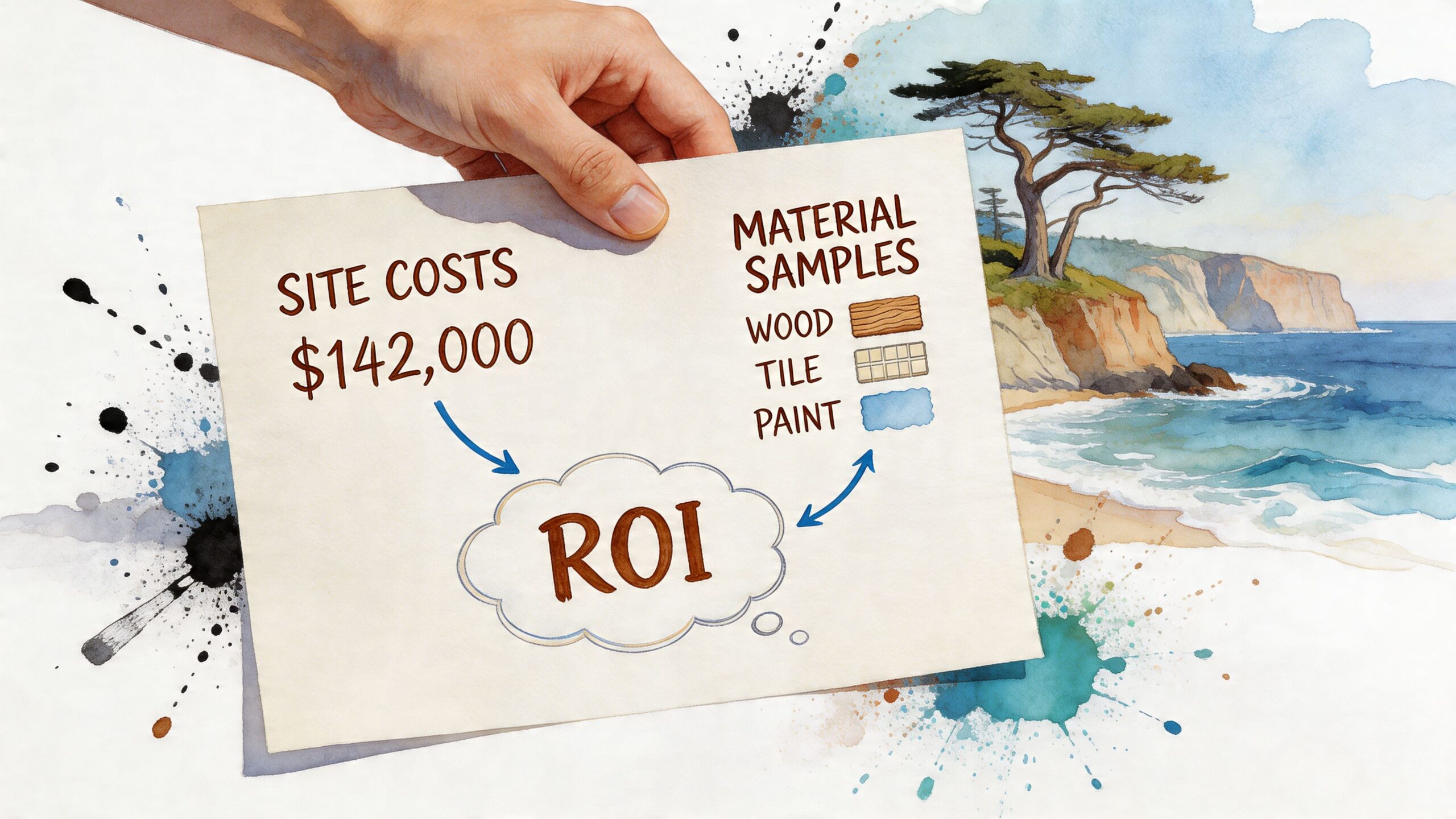 A hand holding a paper showing site costs of 142000 dollars and material samples for ROI planning.