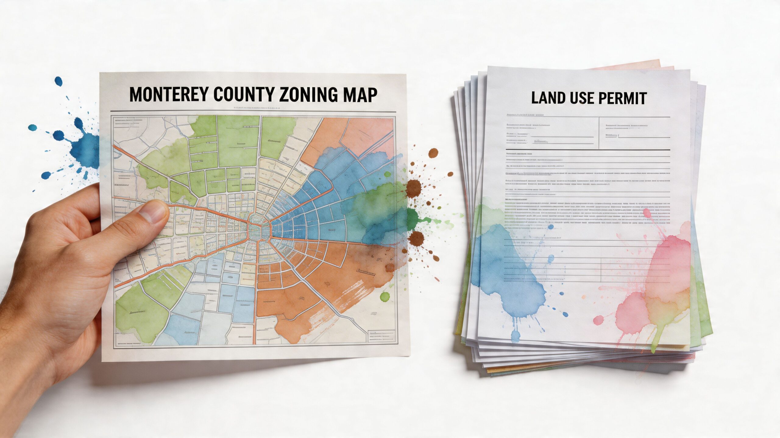 A hand holding a Monterey County zoning map next to a stack of land use permit documents.