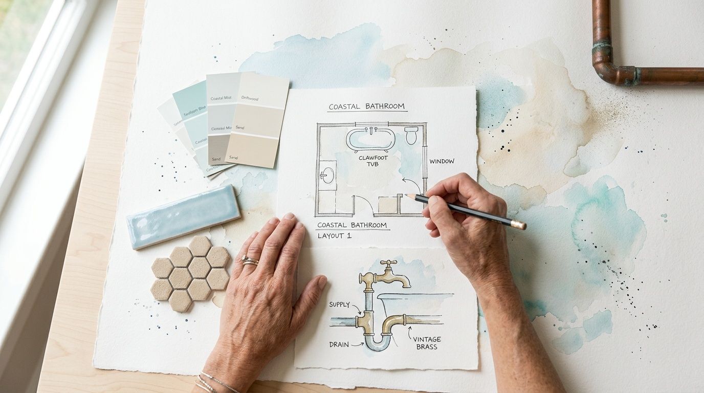 A person sketching a bathroom floor plan and plumbing details on paper with paint swatches and tiles nearby.