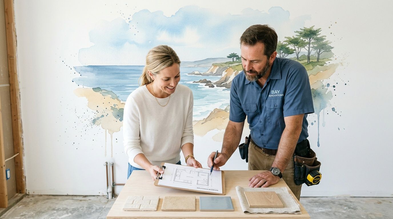 A professional interior designer and a contractor discuss floor plans in a room with a coastal mural.