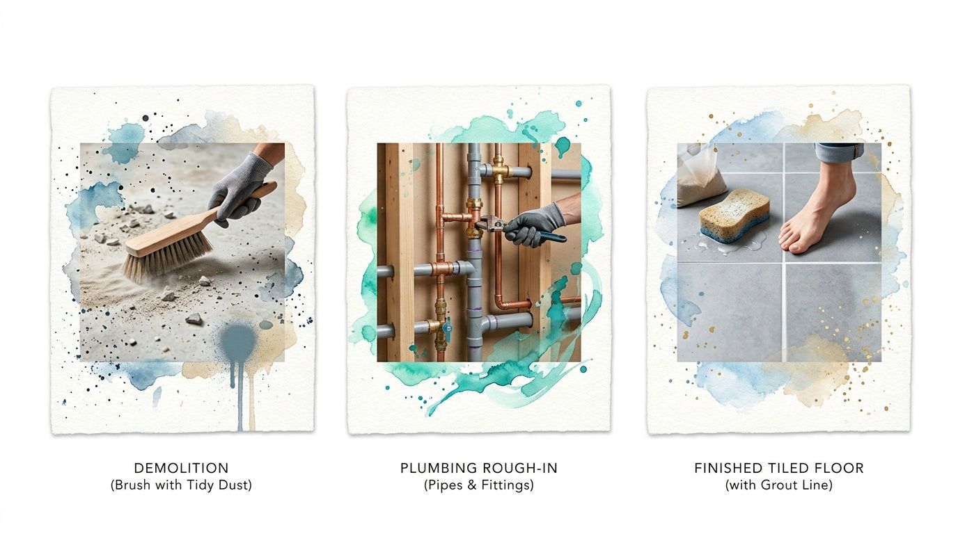 Three artistic frames showing steps of a bathroom renovation: demolition, plumbing rough-in, and finished tiled floor.