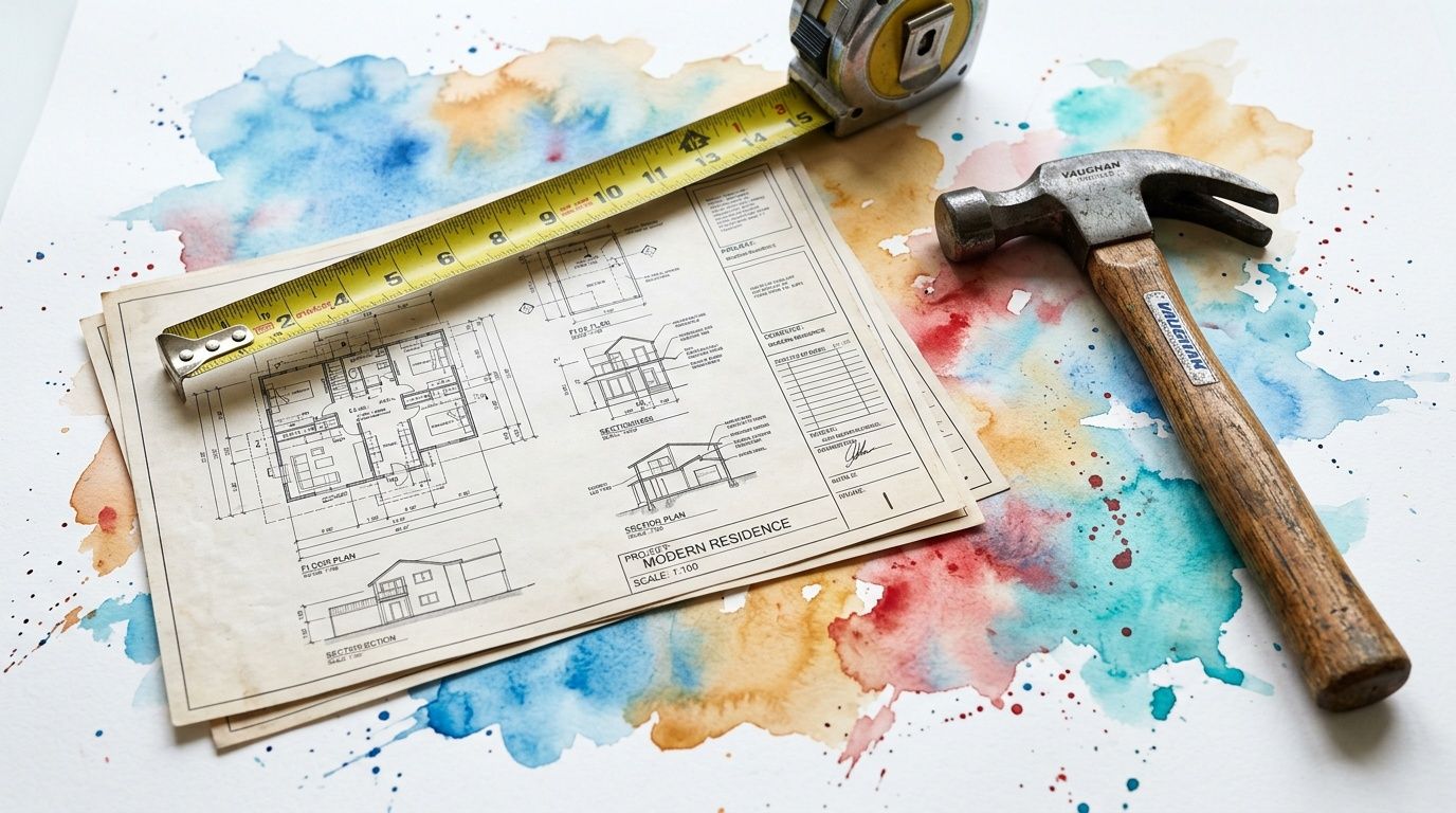 Architectural floor plans, a metal tape measure, and a wooden hammer laid on a watercolor background.