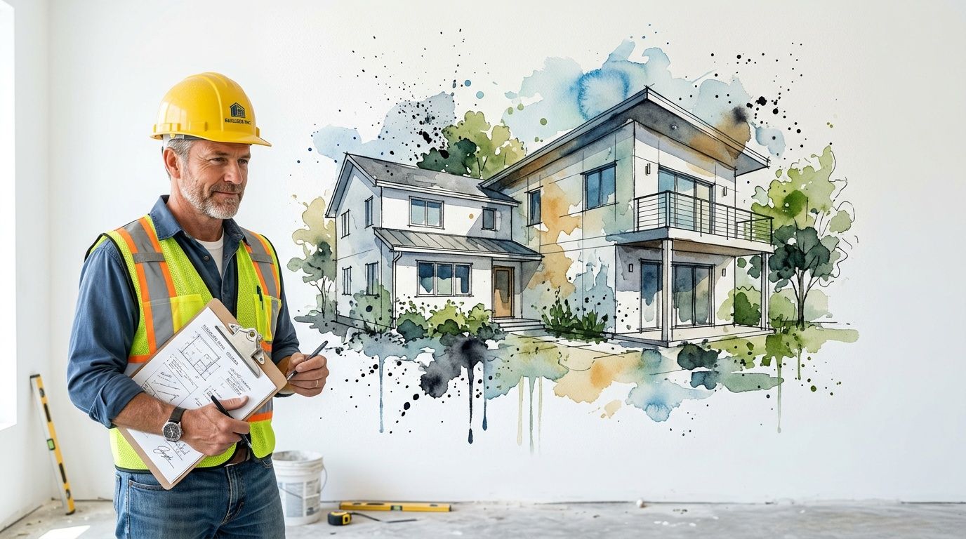 A professional construction worker wearing a hard hat holds building plans in front of a house illustration.