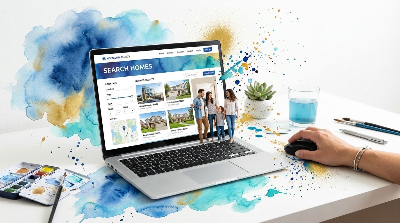 A creative illustration of a family standing on a laptop keyboard displaying a real estate search website.