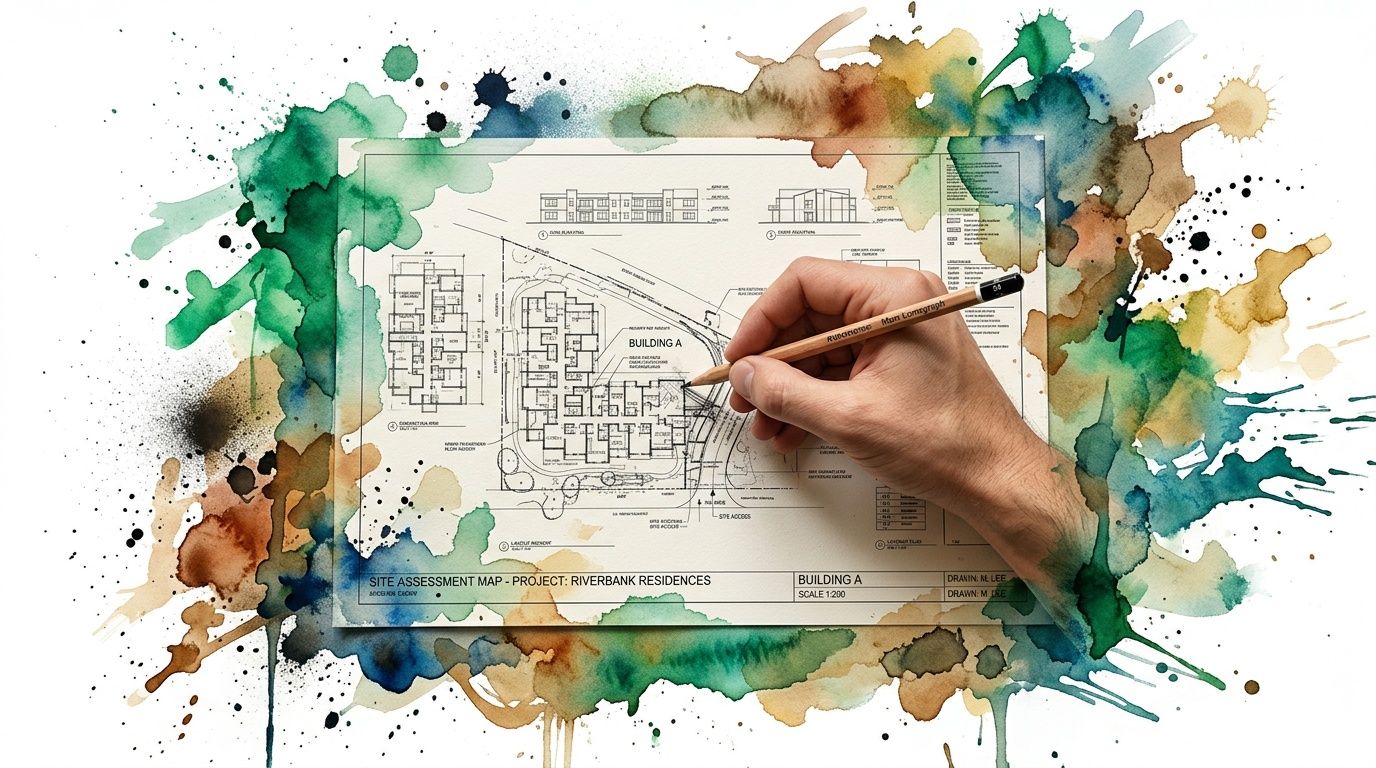 A hand sketching architectural floor plans over a site assessment map with colorful watercolor splash background.