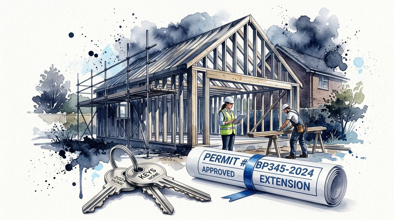 Construction site with workers, blueprints showing a permit, and house keys in the foreground.