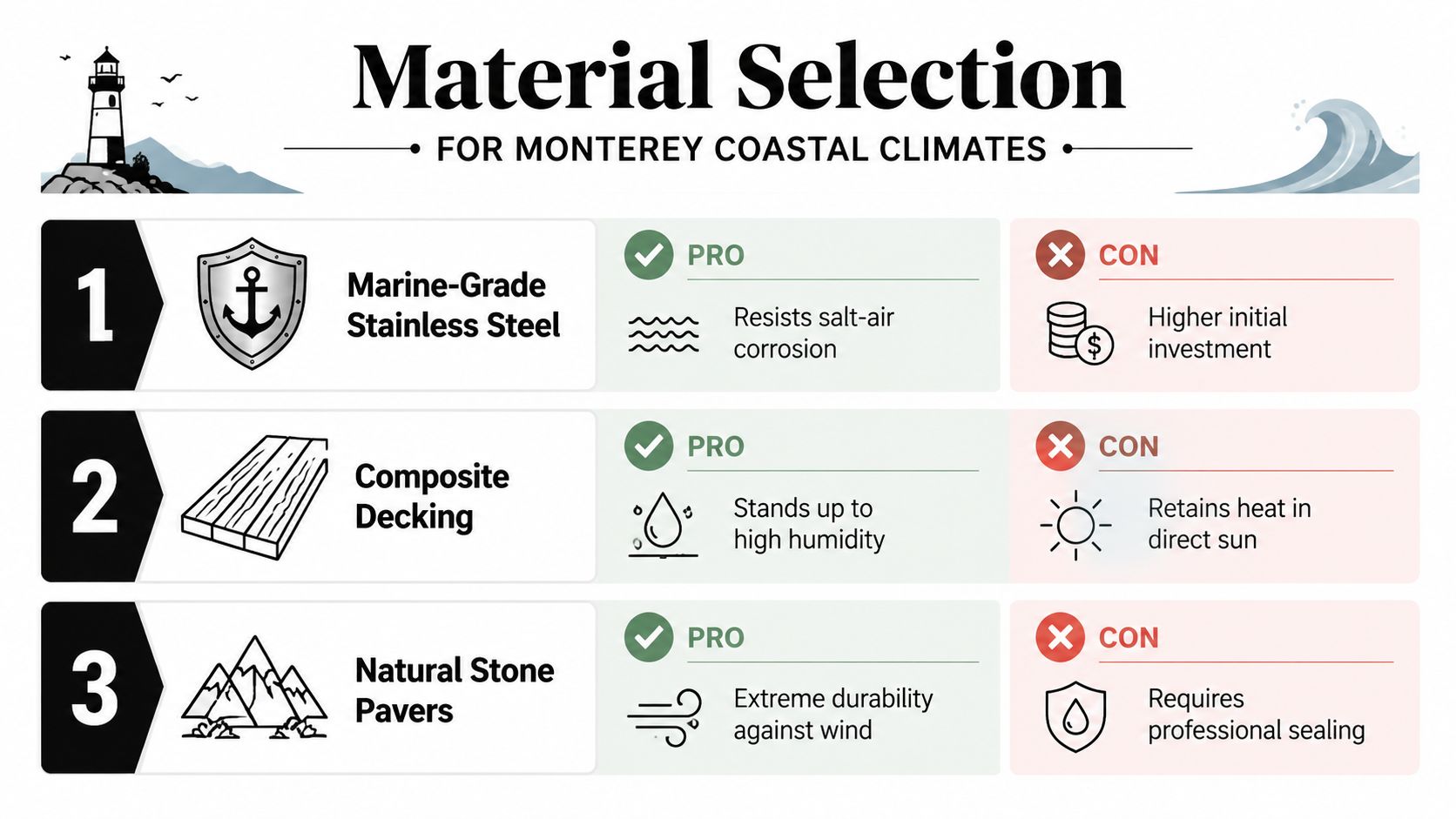 A material selection guide for Monterey coastal climates, comparing marine-grade stainless steel, composite decking, and stone pavers.