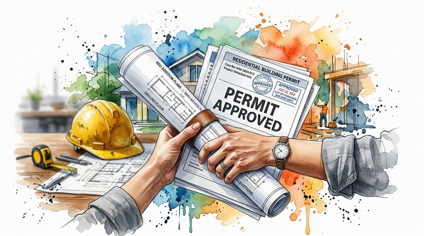Hands holding architectural blueprints and an approved building permit for a residential accessory dwelling unit project.