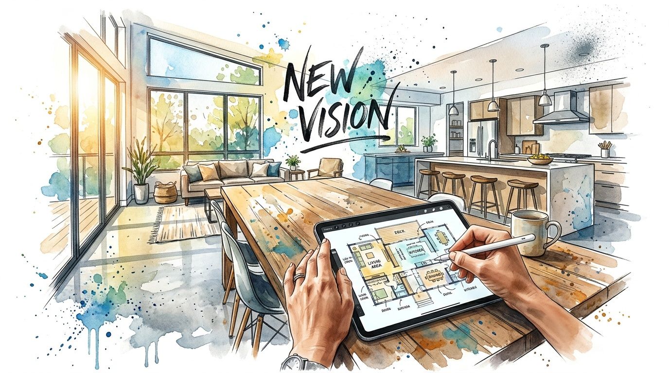 A digital artist uses a tablet to design a modern open-concept home interior with a kitchen and living area.