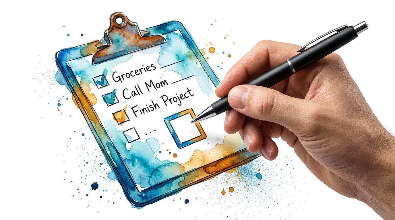 A hand holding a pen over a watercolor-style clipboard checklist with completed tasks and a blank box.