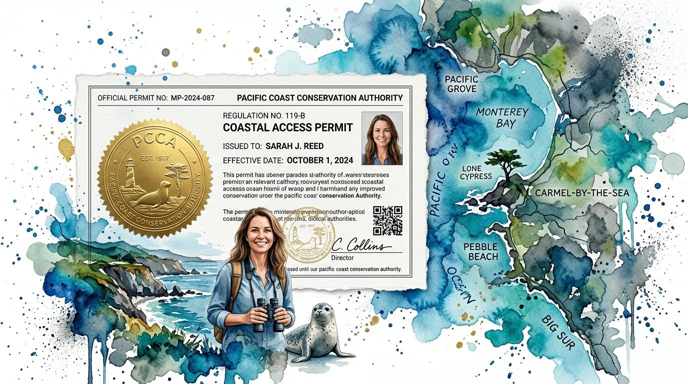 A coastal access permit card for Sarah J. Reed featuring a map of Monterey Bay and a watercolor background.