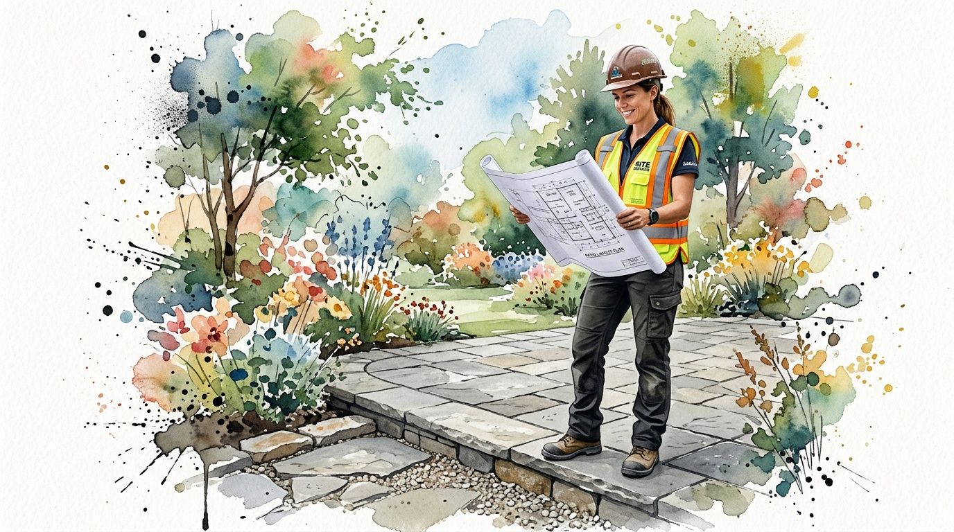 A female site engineer in a hard hat holding architectural plans in a landscaped backyard patio area.