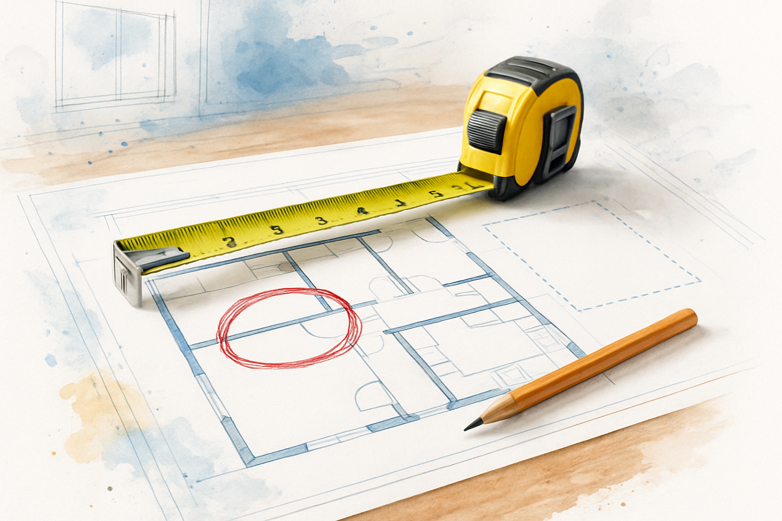 Residential floor plan on a worktable with a measuring tape, showing both a wall relocation markup and a proposed outline.
