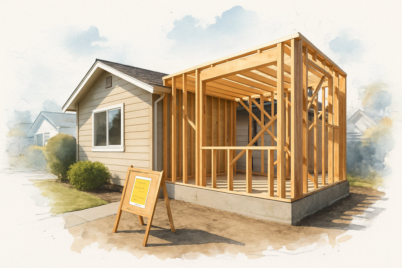 New room addition framing on a Monterey County home with concrete footing and a building permit posted outside