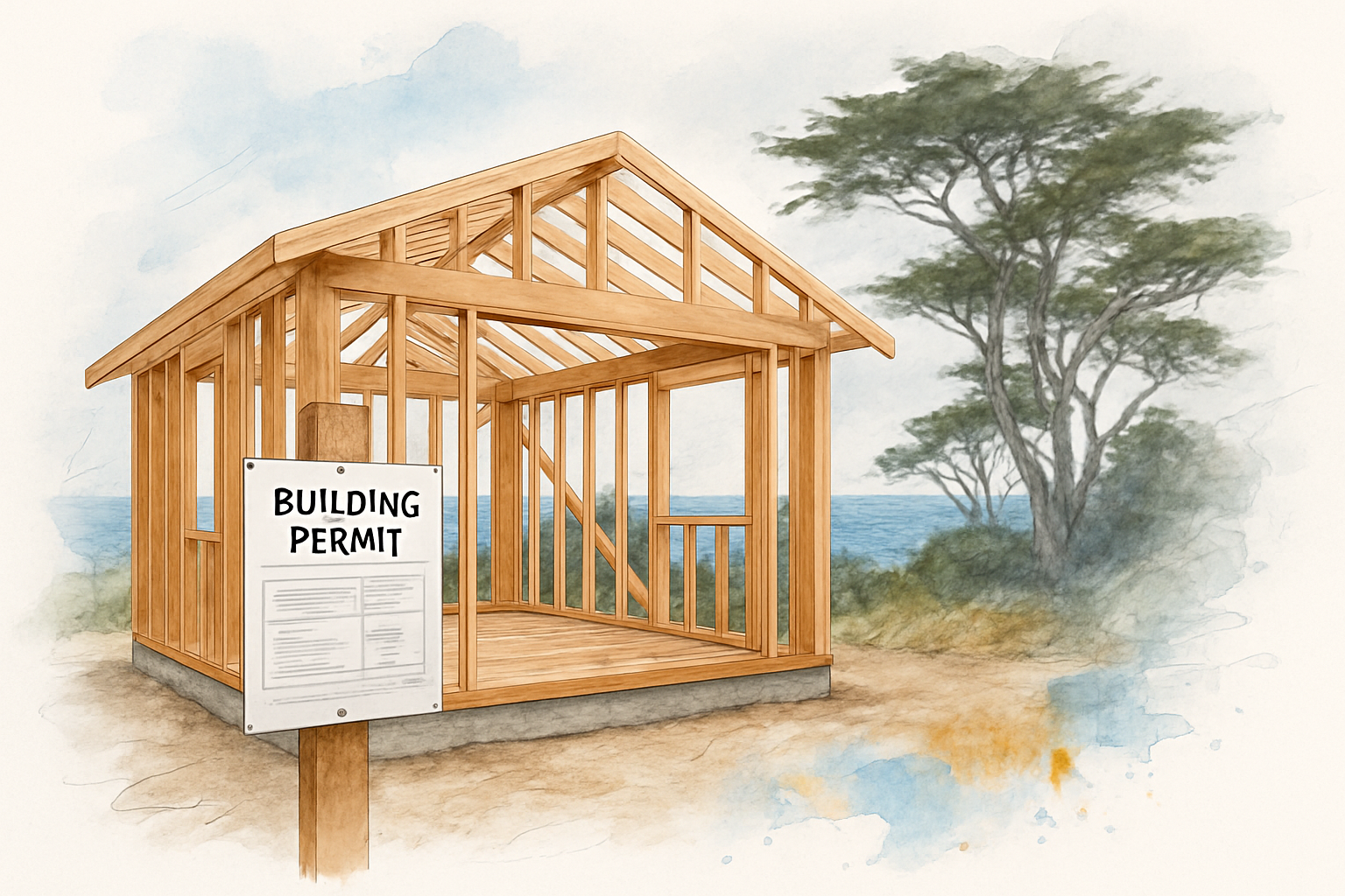 ADU framing under construction in a Monterey County coastal backyard with cypress trees and ocean visible in background