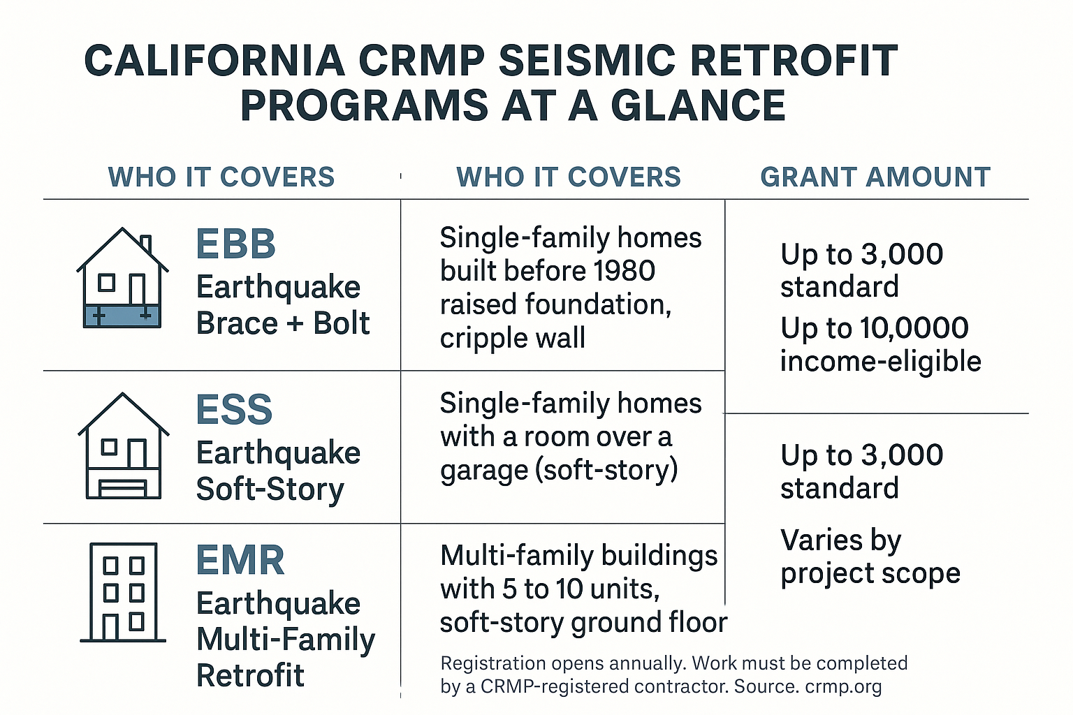 Infographic comparing the three CRMP seismic retrofit programs, EBB, ESS, and EMR, with eligibility and grant amounts