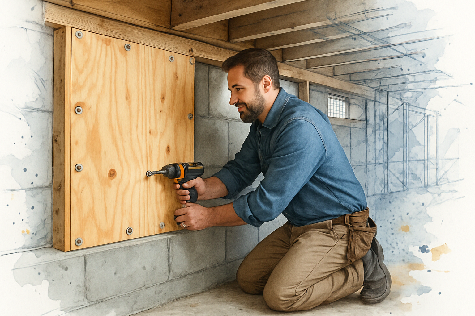 Contractor bolting structural plywood to cripple wall framing inside a crawl space during a seismic retrofit