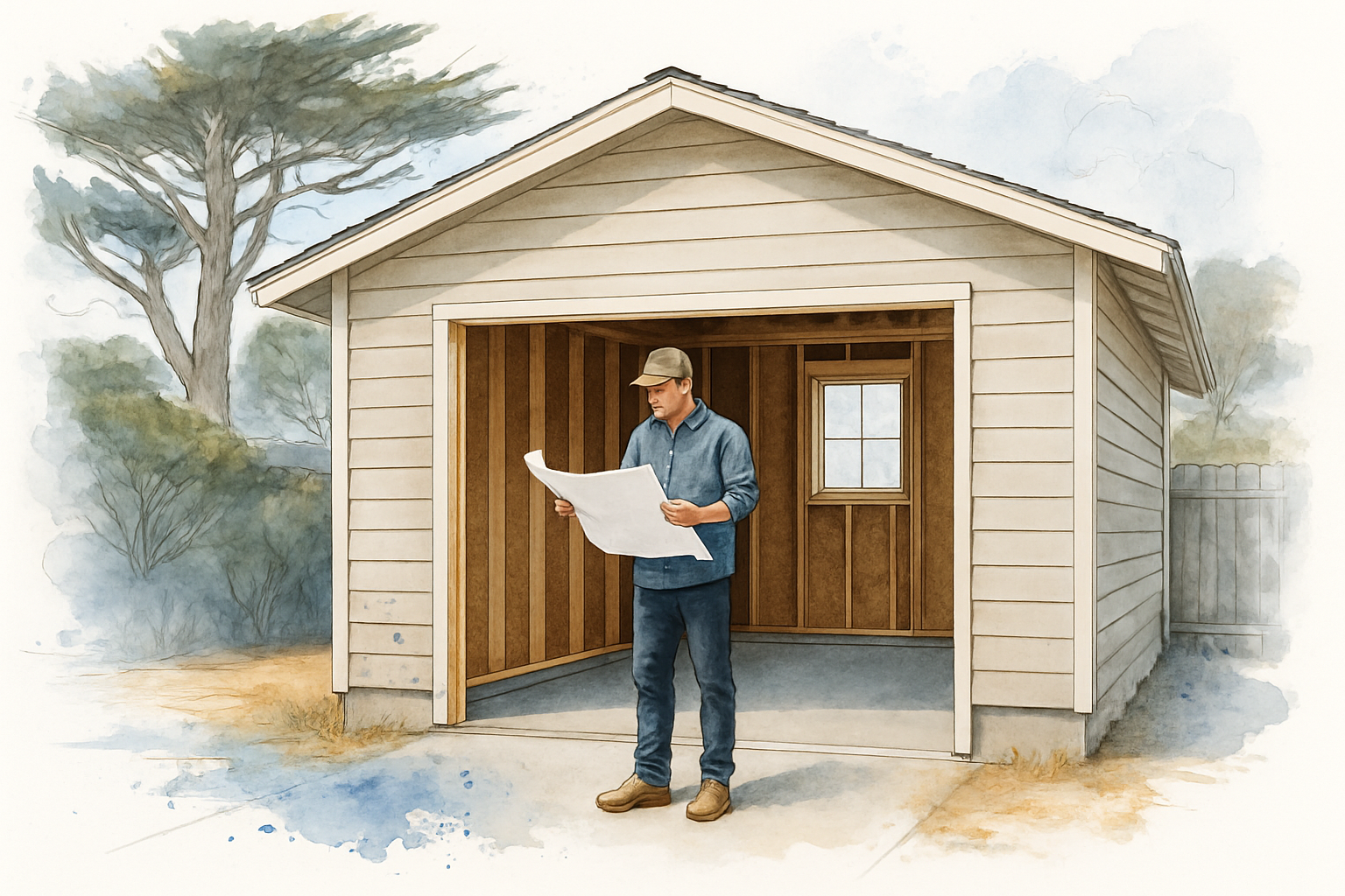Detached garage being converted to an ADU on a Monterey County residential lot with framing work visible inside