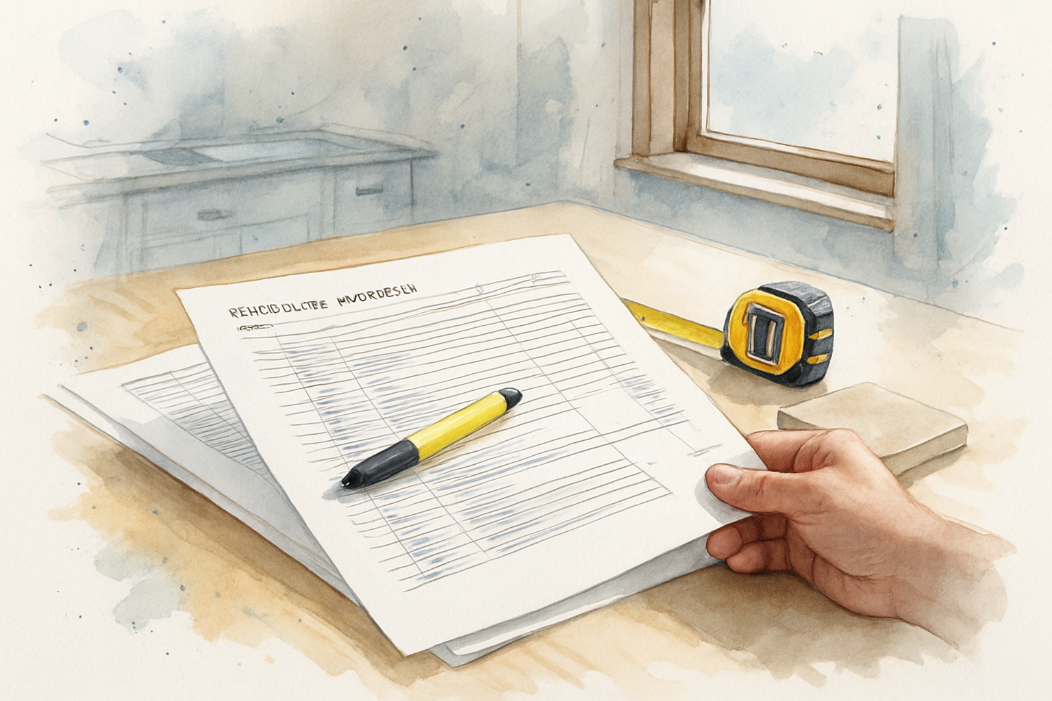 Homeowner reviewing a line-item remodeling proposal on a kitchen table with a tile sample and tape measure