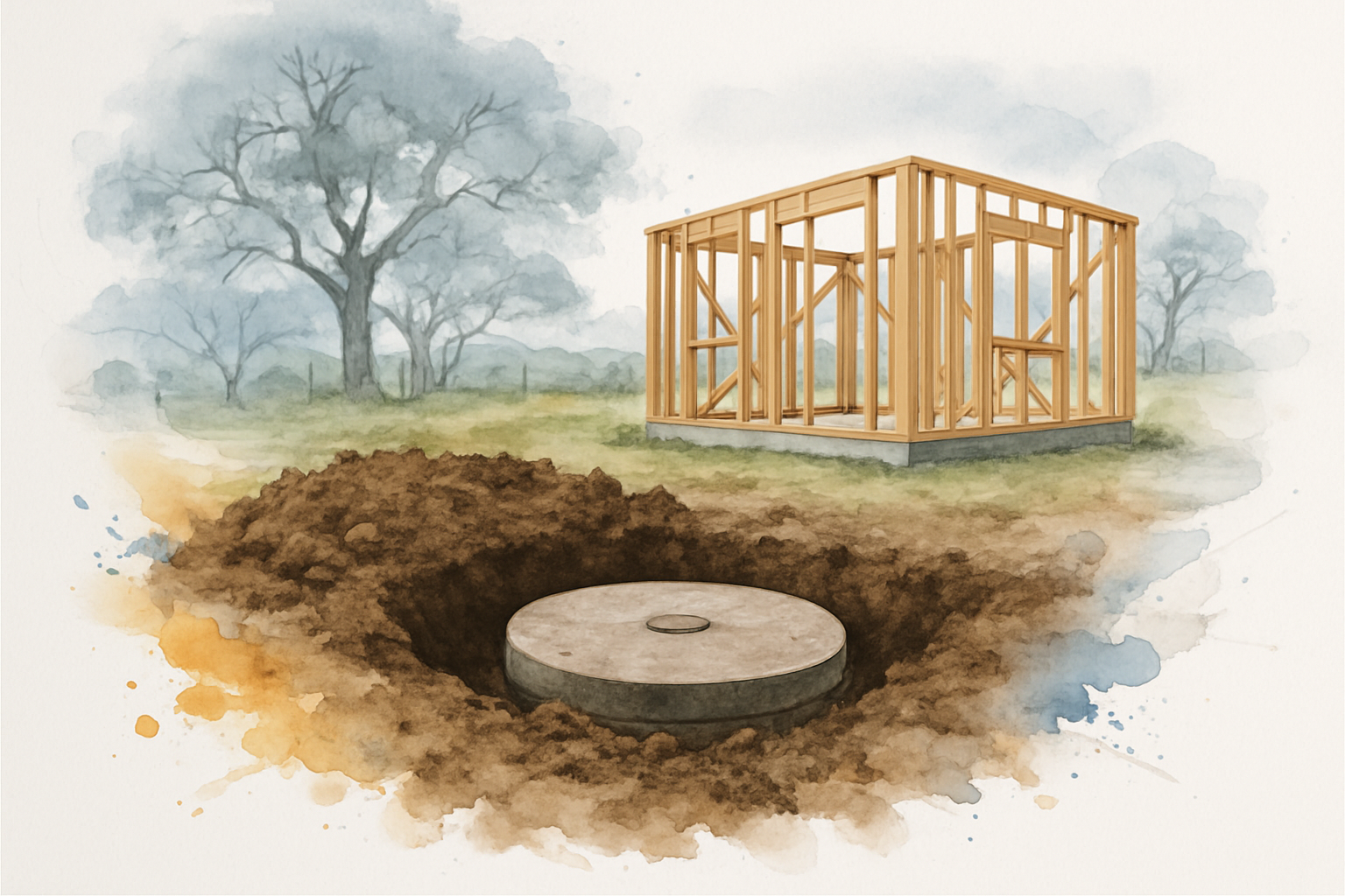 Septic tank access visible in a Monterey County backyard with ADU framing under construction in the background