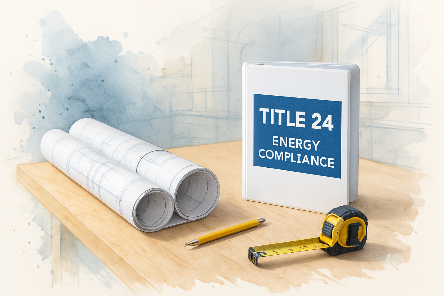 Architectural blueprints and Title 24 energy compliance documents on a workbench, representing 2025 California building code remodel plannin