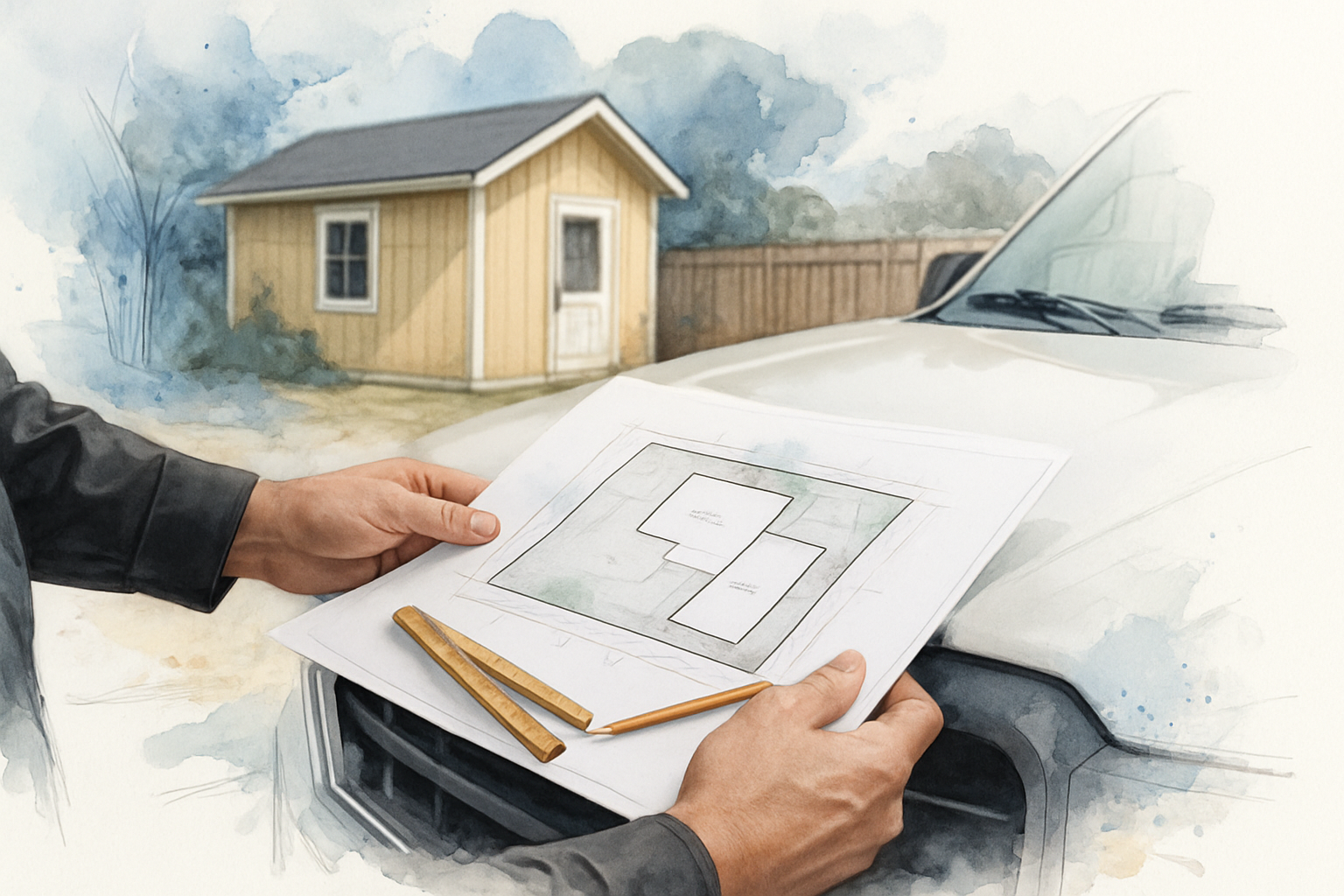Contractor reviewing a residential site plan on a truck hood with a backyard structure behind