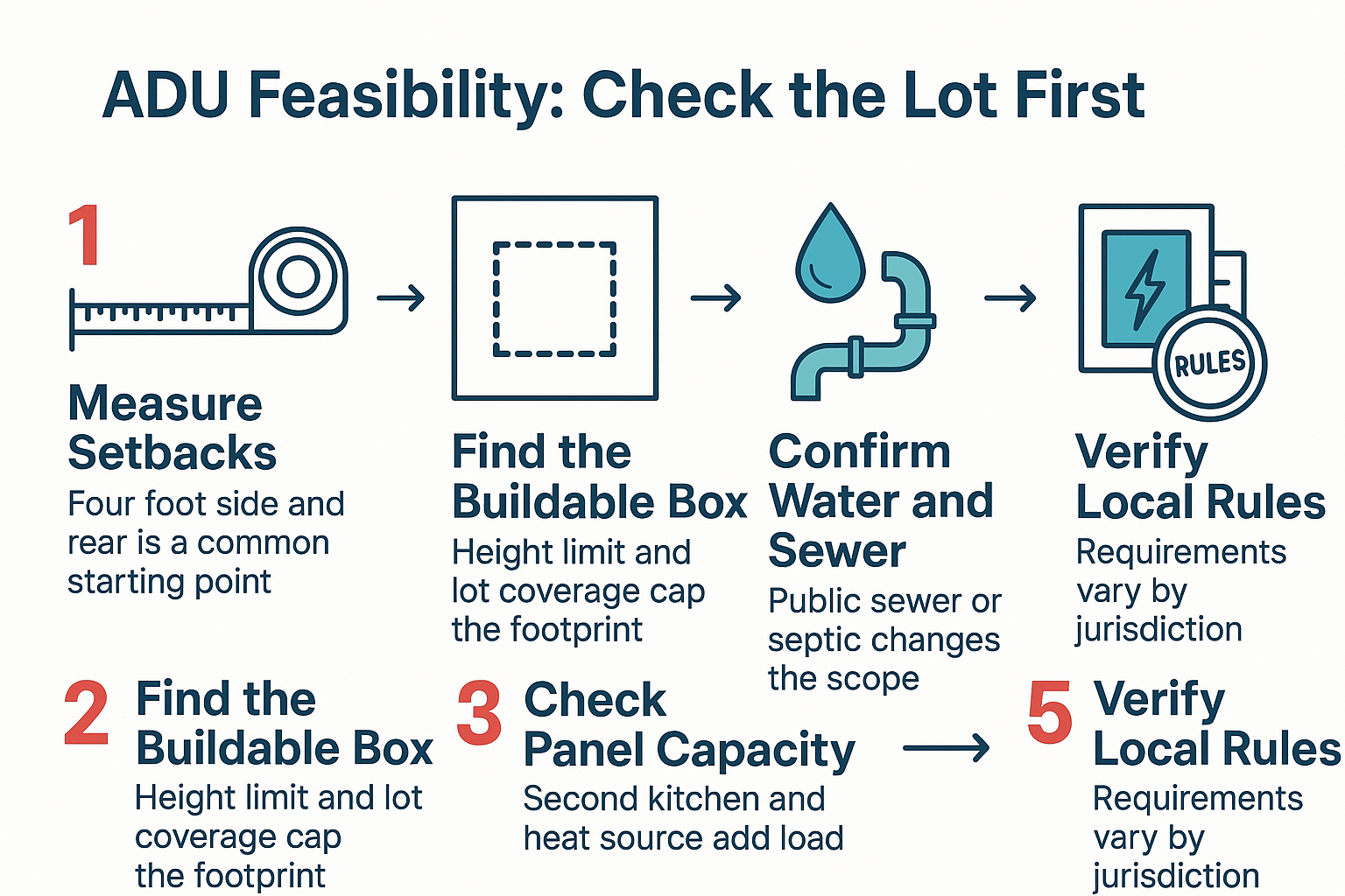 Infographic showing five steps to check whether a Monterey County lot can support an ADU