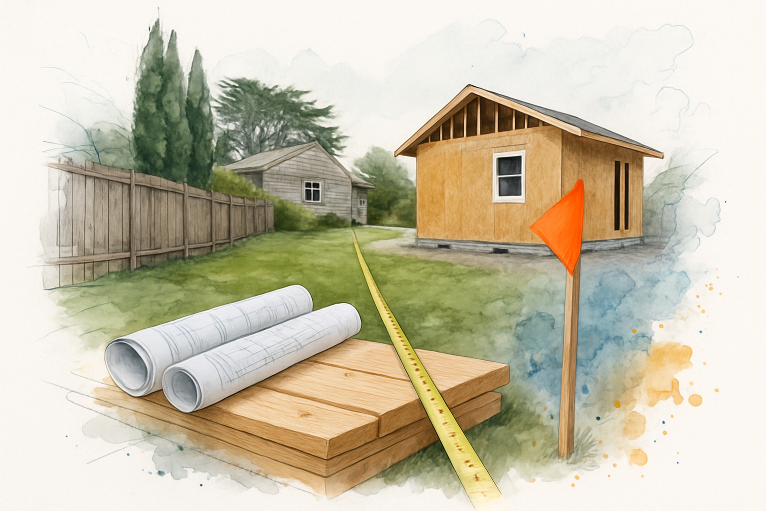 Tape measure staked from a fence to a detached backyard cottage under construction, showing ADU setback measurement