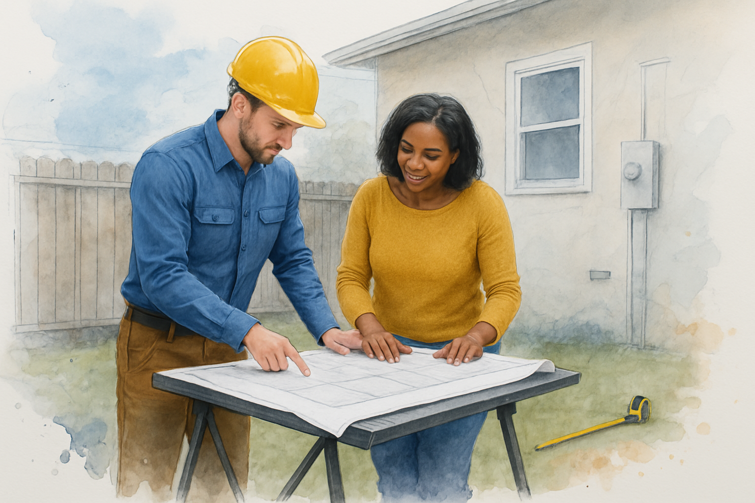 Contractor and homeowner reviewing a site plan in a back yard with a tape measure stretched toward the fence