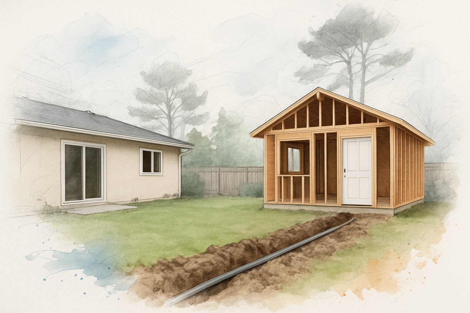 Backyard with a house and a small detached ADU under construction, utility trench running between them