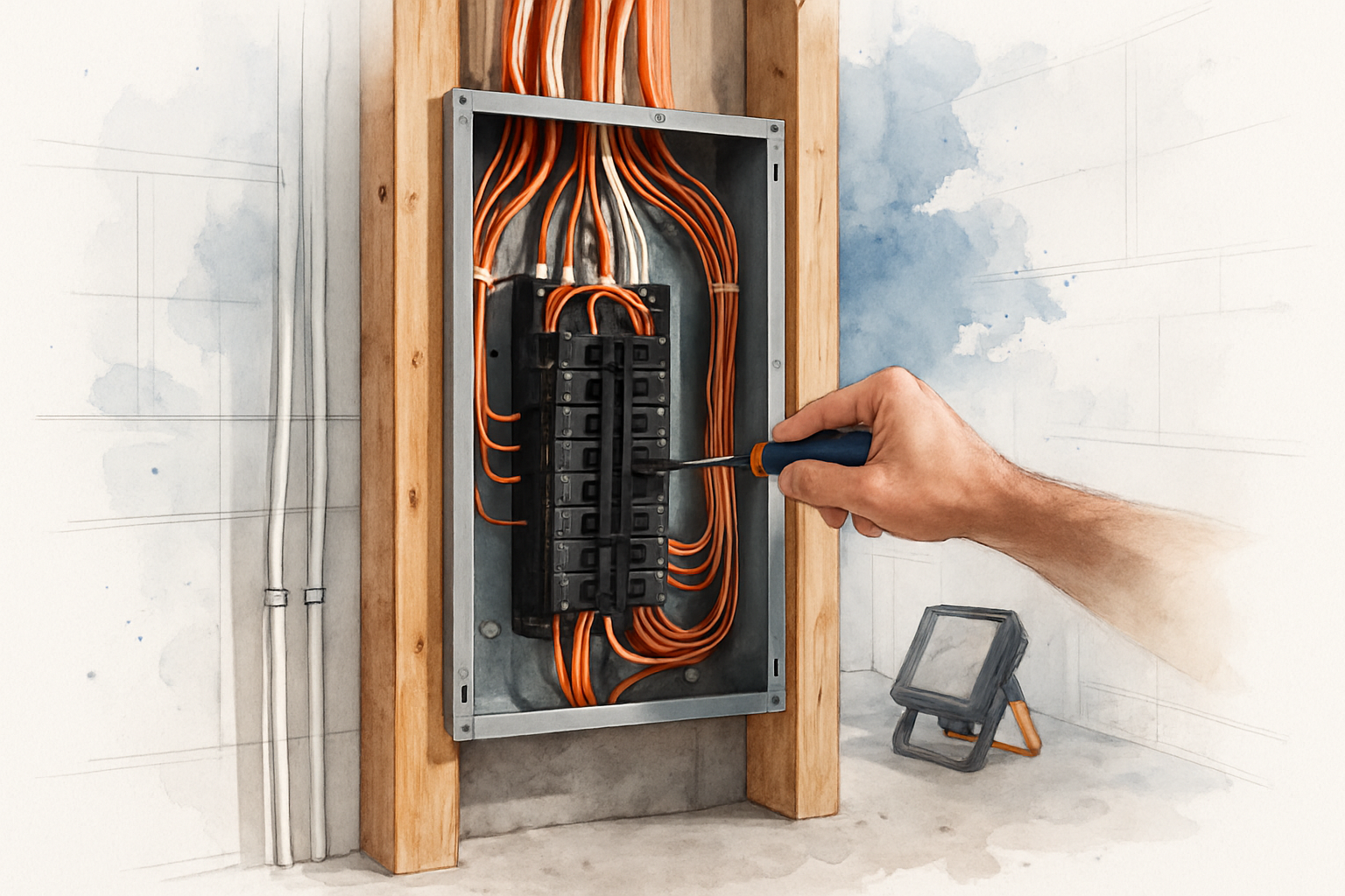 Open residential electrical subpanel with new wiring during a Monterey County remodel