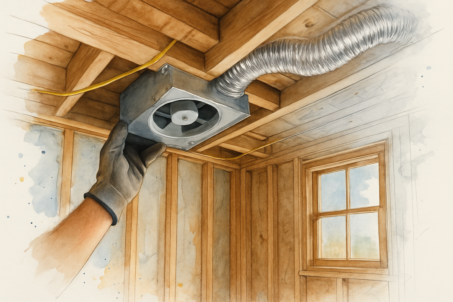 Bathroom exhaust fan housing and new wiring installed between ceiling joists during a Monterey County remodel