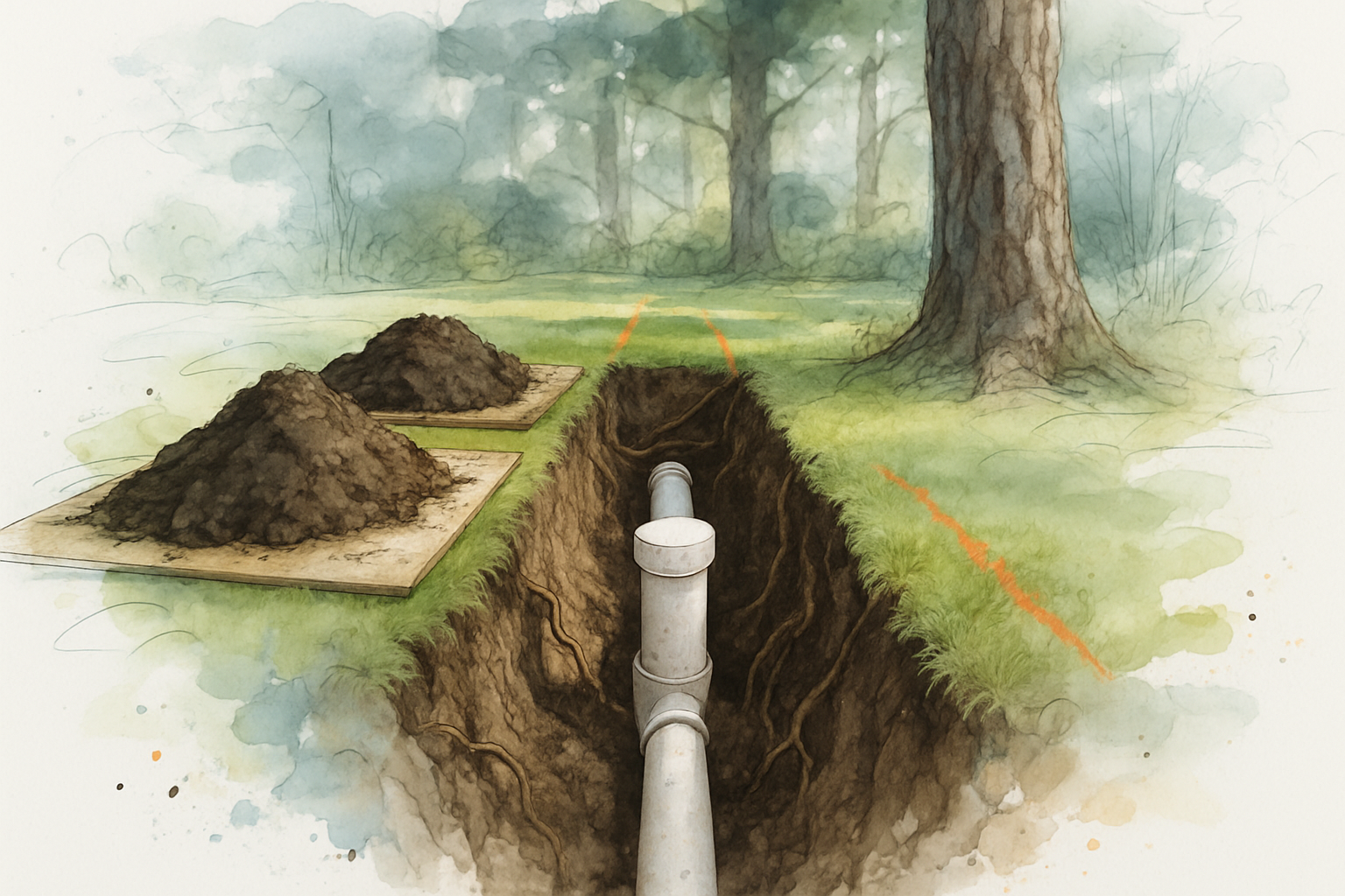 Open trench in a wooded yard exposing a sewer lateral and cleanout near mature tree roots