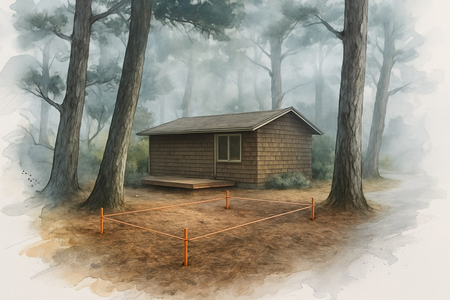 Staked ADU footprint marked between mature pines in a Pebble Beach backyard behind an older home