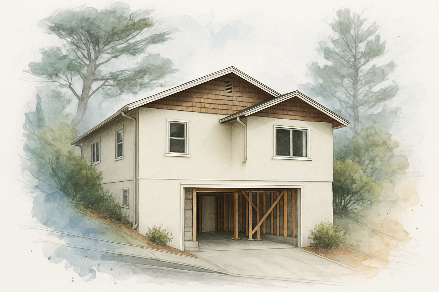 Older Monterey Peninsula home with a garage built under the living space, a typical soft story condition